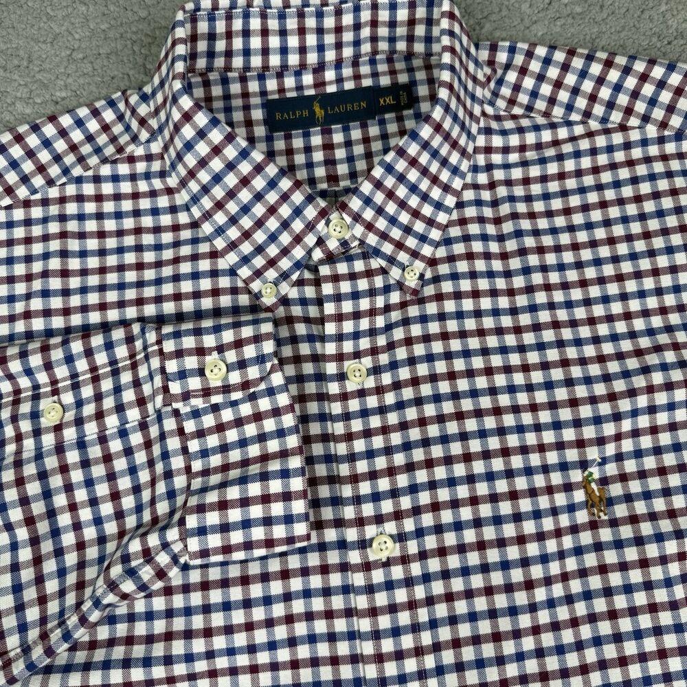 Ralph Lauren Shirt Mens XXL White Burgundy Blue Gingham Button Down Cotton Pony